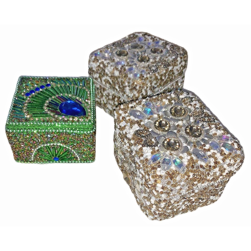 3 Jeweled Sequined Trinket Jewelry Gift Boxes Small 2-1/2" Peacock Silver & Gold